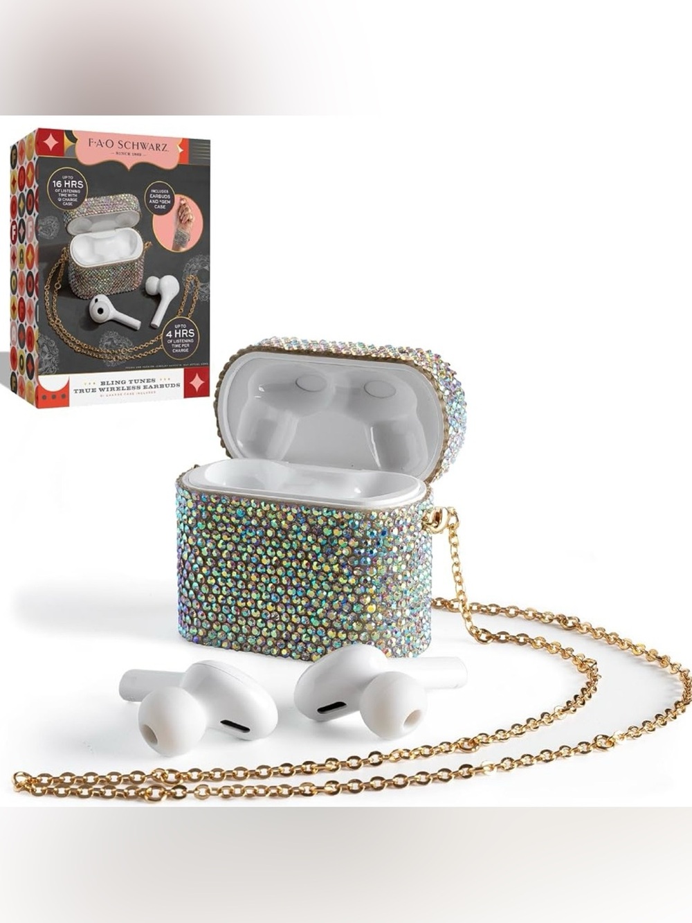 FAO Schwarz Iridescent Rhinestone Bling Tunes Earbuds Case with Gold Chain NWT
